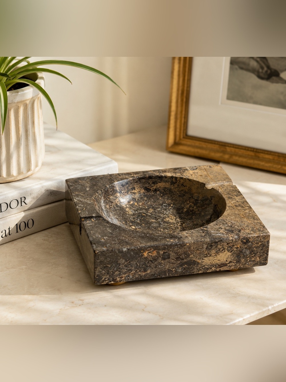Vintage Dark Brown and Black Marble Ashtray or Catch All